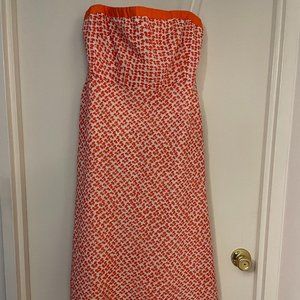 J. Crew Strapless Orange White Print Dot Seersucker Midi Dress- Size 8